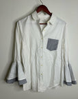 Trovata 100% Cotton White Two Tone Button Down Tulip Sleeve Ruffle Hem Top