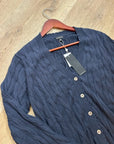 Minnie Rose 100% Cotton Navy Blue Cable Knit Distressed Button Down Cardigan
