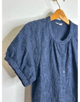 Splendid 100% Cotton Embroidered Puff Sleeve Navy Blue Button Down Blouse