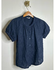 Splendid 100% Cotton Embroidered Puff Sleeve Navy Blue Button Down Blouse