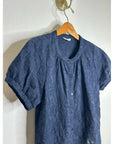 Splendid 100% Cotton Embroidered Puff Sleeve Navy Blue Button Down Blouse