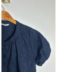Splendid 100% Cotton Embroidered Puff Sleeve Navy Blue Button Down Blouse