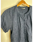 Splendid 100% Cotton Embroidered Puff Sleeve Navy Blue Button Down Blouse