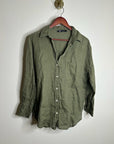 Zara 100% Linen Drop Shoulder Button Down Long Sleeve Army Green Button Down Top