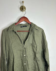 Zara 100% Linen Drop Shoulder Button Down Long Sleeve Army Green Button Down Top