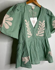 Ex Voto 100% Cotton Chloe Short Sleeve Blouse in Green