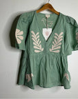 Ex Voto 100% Cotton Chloe Short Sleeve Blouse in Green