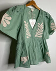 Ex Voto 100% Cotton Chloe Short Sleeve Blouse in Green