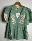 Ex Voto 100% Cotton Chloe Short Sleeve Blouse in Green