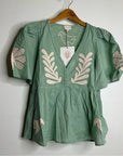 Ex Voto 100% Cotton Chloe Short Sleeve Blouse in Green