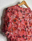 PAIGE 100% Silk Pink Floral Short Sleeve Flowy V- Neck Blouse Top