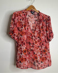 PAIGE 100% Silk Pink Floral Short Sleeve Flowy V- Neck Blouse Top