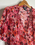 PAIGE 100% Silk Pink Floral Short Sleeve Flowy V- Neck Blouse Top