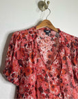 PAIGE 100% Silk Pink Floral Short Sleeve Flowy V- Neck Blouse Top