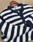 Nation LA 100% Cotton Chunky Knit Navy Striped Button Down Cardigan Sweater