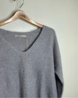 One Grey Day 100% Cashmere Textured Ribbed V - Neck Pullover Gray Sweater