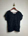 Garnet Hill 100% Linen Black V - Neck Short Sleeve Boxy Fit Blouse Top