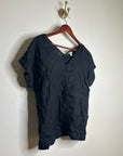 Garnet Hill 100% Linen Black V - Neck Short Sleeve Boxy Fit Blouse Top