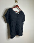 Garnet Hill 100% Linen Black V - Neck Short Sleeve Boxy Fit Blouse Top