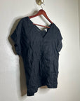 Garnet Hill 100% Linen Black V - Neck Short Sleeve Boxy Fit Blouse Top