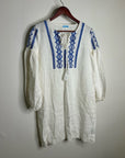 J. McLaughlin 100% Linen White Blue Embroidered Long Sleeve Midi Length Dress