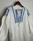 J. McLaughlin 100% Linen White Blue Embroidered Long Sleeve Midi Length Dress