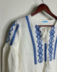J. McLaughlin 100% Linen White Blue Embroidered Long Sleeve Midi Length Dress