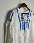 J. McLaughlin 100% Linen White Blue Embroidered Long Sleeve Midi Length Dress