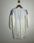 J. McLaughlin 100% Linen White Blue Embroidered Long Sleeve Midi Length Dress