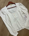 Nation LA 100% Cotton Scoop Neck Puff Sleeve White Gold Button Top