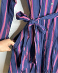 XiRENA 100% Cotton Navy Striped Button Down Striped Belted Maxi Dress