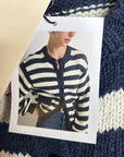 Nation LA 100% Cotton Chunky Knit Navy Striped Button Down Cardigan Sweater