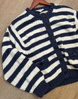 Nation LA 100% Cotton Chunky Knit Navy Striped Button Down Cardigan Sweater