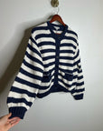 Nation LA 100% Cotton Chunky Knit Navy Striped Button Down Cardigan Sweater