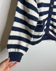 Nation LA 100% Cotton Chunky Knit Navy Striped Button Down Cardigan Sweater