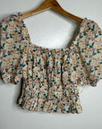 Trovata 100% Cotton Ruched Floral Babydoll Puff Sleeve Blouse