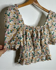 Trovata 100% Cotton Ruched Floral Babydoll Puff Sleeve Blouse