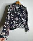 Unsubscribed 100% Silk Black Floral Pajama Set Cropped Top Wide Leg Pant