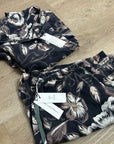 Unsubscribed 100% Silk Black Floral Pajama Set Cropped Top Wide Leg Pant
