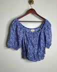 Nation LA 100% Pima Cotton Blue Floral Puff Sleeve Tie Front Blouse Top