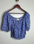 Nation LA 100% Pima Cotton Blue Floral Puff Sleeve Tie Front Blouse Top
