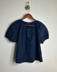 J. Crew 100% Cotton Navy Blue Scoop Neck Short Sleeve Button Down Blouse
