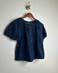 J. Crew 100% Cotton Navy Blue Scoop Neck Short Sleeve Button Down Blouse
