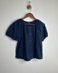 J. Crew 100% Cotton Navy Blue Scoop Neck Short Sleeve Button Down Blouse