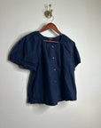 J. Crew 100% Cotton Navy Blue Scoop Neck Short Sleeve Button Down Blouse