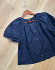 J. Crew 100% Cotton Navy Blue Scoop Neck Short Sleeve Button Down Blouse