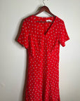 Amour Vert 100% Silk Red Floral Short Sleeve V - Neck Midi Dress