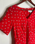 Amour Vert 100% Silk Red Floral Short Sleeve V - Neck Midi Dress
