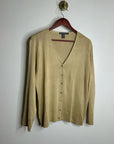 Saks Fifth Avenue 100% Silk Knit Textured Gold Tan Button Down Cardigan Sweater