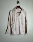 Carol Little 100% Linen Woven Cream Eyelet Bell Sleeve V - Neck Long Sleeve Top
